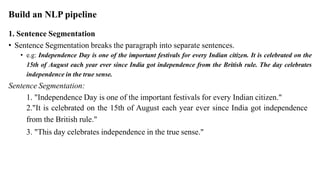 Build an NLP pipeline
1. Sentence Segmentation
• Sentence Segmentation breaks the paragraph into separate sentences.
• e.g: Independence Day is one of the important festivals for every Indian citizen. It is celebrated on the
15th of August each year ever since India got independence from the British rule. The day celebrates
independence in the true sense.
Sentence Segmentation:
1. "Independence Day is one of the important festivals for every Indian citizen."
2."It is celebrated on the 15th of August each year ever since India got independence
from the British rule."
3. "This day celebrates independence in the true sense."
 