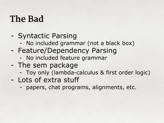 The State of the Art
- Academic design for use alongside intelligent
agents (AI discipline)
- Relies on formal models or representations of
knowledge & language
- Models are adapted and augmented through
probabilistic methods and machine learning.
- A small number of algorithms comprise the
standard framework.
 