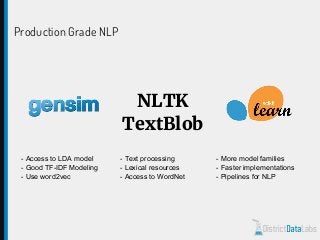 Production Grade NLP
NLTK
TextBlob
- Access to LDA model
- Good TF-IDF Modeling
- Use word2vec
- Text processing
- Lexical resources
- Access to WordNet
- More model families
- Faster implementations
- Pipelines for NLP
 