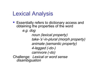 Lexical Analysis 
 Essentially refers to dictionary access and 
obtaining the properties of the word 
e.g. dog 
noun (lexical property) 
take-’s’-in-plural (morph property) 
animate (semantic property) 
4-legged (-do-) 
carnivore (-do) 
Challenge: Lexical or word sense 
disambiguation 
 