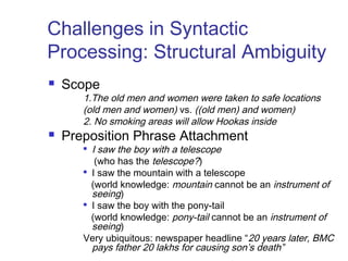 Challenges in Syntactic 
Processing: Structural Ambiguity 
 Scope 
1.The old men and women were taken to safe locations 
(old men and women) vs. ((old men) and women) 
2. No smoking areas will allow Hookas inside 
 Preposition Phrase Attachment 
 I saw the boy with a telescope 
(who has the telescope?) 
 I saw the mountain with a telescope 
(world knowledge: mountain cannot be an instrument of 
seeing) 
 I saw the boy with the pony-tail 
(world knowledge: pony-tail cannot be an instrument of 
seeing) 
Very ubiquitous: newspaper headline “20 years later, BMC 
pays father 20 lakhs for causing son’s death” 
 