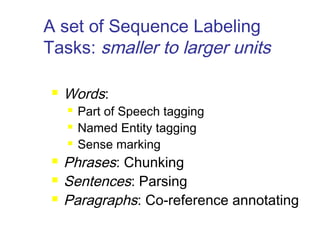 A set of Sequence Labeling 
Tasks: smaller to larger units 
 Words: 
 Part of Speech tagging 
 Named Entity tagging 
 Sense marking 
 Phrases: Chunking 
 Sentences: Parsing 
 Paragraphs: Co-reference annotating 
 