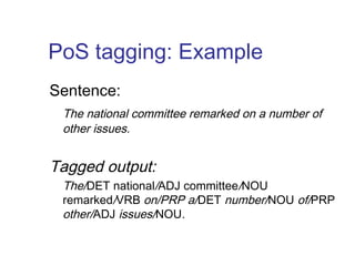 PoS tagging: Example 
Sentence: 
The national committee remarked on a number of 
other issues. 
Tagged output: 
The/DET national/ADJ committee/NOU 
remarked/VRB on/PRP a/DET number/NOU of/PRP 
other/ADJ issues/NOU. 
 