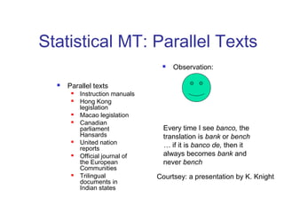 Statistical MT: Parallel Texts 
 Parallel texts 
 Instruction manuals 
 Hong Kong 
legislation 
 Macao legislation 
 Canadian 
parliament 
Hansards 
 United nation 
reports 
 Official journal of 
the European 
Communities 
 Trilingual 
documents in 
Indian states 
 Observation: 
Every time I see banco, the 
translation is bank or bench 
… if it is banco de, then it 
always becomes bank and 
never bench 
Courtsey: a presentation by K. Knight 
 