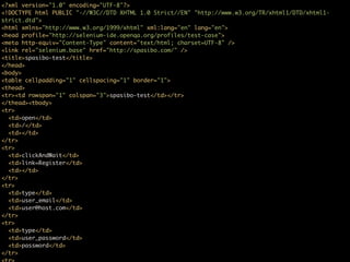 <?xml version="1.0" encoding="UTF-8"?>
<!DOCTYPE html PUBLIC "-//W3C//DTD XHTML 1.0 Strict//EN" "http://www.w3.org/TR/xhtml1/DTD/xhtml1-
strict.dtd">
<html xmlns="http://www.w3.org/1999/xhtml" xml:lang="en" lang="en">
<head profile="http://selenium-ide.openqa.org/profiles/test-case">
<meta http-equiv="Content-Type" content="text/html; charset=UTF-8" />
<link rel="selenium.base" href="http://spasibo.com/" />
<title>spasibo-test</title>
</head>
<body>
<table cellpadding="1" cellspacing="1" border="1">
<thead>
<tr><td rowspan="1" colspan="3">spasibo-test</td></tr>
</thead><tbody>
<tr>
  <td>open</td>
  <td>/</td>
  <td></td>
</tr>
<tr>
  <td>clickAndWait</td>
  <td>link=Register</td>
  <td></td>
</tr>
<tr>
  <td>type</td>
  <td>user_email</td>
  <td>user@host.com</td>
</tr>
<tr>
  <td>type</td>
  <td>user_password</td>
  <td>password</td>
</tr>
 