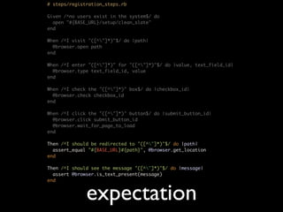# steps/registration_steps.rb

Given /^no users exist in the system$/ do
  open "#{BASE_URL}/setup/clean_slate"
end

When /^I visit "([^"]*)"$/ do |path|
  @browser.open path
end

When /^I enter "([^"]*)" for "([^"]*)"$/ do |value, text_field_id|
  @browser.type text_field_id, value
end

When /^I check the "([^"]*)" box$/ do |checkbox_id|
  @browser.check checkbox_id
end

When /^I click the "([^"]*)" button$/ do |submit_button_id|
  @browser.click submit_button_id
  @browser.wait_for_page_to_load
end

Then /^I should be redirected to "([^"]*)"$/ do |path|
  assert_equal "#{BASE_URL}#{path}", @browser.get_location
end

Then /^I should see the message "([^"]*)"$/ do |message|
  assert @browser.is_text_present(message)
end


              expectation
 