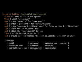 Scenario Outline: Successful registration
  Given no users exist in the system
  When I visit "/register"
  And I enter "<email>" for "user_email"
  And I enter "<password>" for "user_password"
  And I enter "<password_confirmation>" for "user_password_confirmation"
  And I check the "user_terms" box
  And I click the "user_submit" button
  Then I should be redirected to "/"
  And I should see the message "Welcome to Spasibo. A winner is you!"

 Examples:
   | email             | password    | password_confirmation |
   | user@host.com     | password    | password              |
   | patrick@viget.com | password123 | password123           |
 
