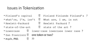 Issues in Tokenization
• Finland’s capital  Finland Finlands Finland’s ?
• what’re, I’m, isn’t  What are, I am, is not
• Hewlett-Packard  Hewlett Packard ?
• state-of-the-art  state of the art ?
• Lowercase  lower-case lowercase lower case ?
• San Francisco  one token or two?
• m.p.h., PhD.  ??
 