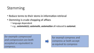 Stemming
• Reduce terms to their stems in information retrieval
• Stemming is crude chopping of affixes
• language dependent
• e.g., automate(s), automatic, automation all reduced to automat.
for example compressed
and compression are both
accepted as equivalent to
compress.
for exampl compress and
compress ar both accept
as equival to compress
 