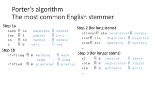 Porter’s algorithm
The most common English stemmer
Step 1a
sses  ss caresses  caress
ies  i ponies  poni
ss  ss caress  caress
s  ø cats  cat
Step 1b
(*v*)ing  ø walking  walk
sing  sing
(*v*)ed  ø plastered  plaster
…
Step 2 (for long stems)
ational ate relational relate
izer ize digitizer  digitize
ator ate operator  operate
…
Step 3 (for longer stems)
al  ø revival  reviv
able  ø adjustable  adjust
ate  ø activate  activ
…
 
