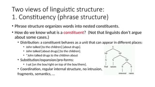 Two views of linguistic structure:
1. Constituency (phrase structure)
• Phrase structure organizes words into nested constituents.
• How do we know what is a constituent? (Not that linguists don’t argue
about some cases.)
• Distribution: a constituent behaves as a unit that can appear in different places:
• John talked [to the children] [about drugs].
• John talked [about drugs] [to the children].
• *John talked drugs to the children about
• Substitution/expansion/pro-forms:
• I sat [on the box/right on top of the box/there].
• Coordination, regular internal structure, no intrusion,
fragments, semantics, …
 