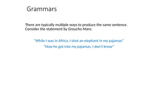 Grammars
There are typically multiple ways to produce the same sentence.
Consider the statement by Groucho Marx:
“While I was in Africa, I shot an elephant in my pajamas”
“How he got into my pajamas, I don’t know”
 