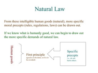 Natural Law
From these intelligible human goods (natural), more specific
moral precepts (rules, regulations, laws) can be drawn out.

If we know what is humanly good, we can begin to draw out
the more specific demands of natural law.
    Human goods




                                                    Specific
                  First principle                   precepts
                  (good is to be done, evil is to   i.e., do not
                  be avoided)                       harm others
 