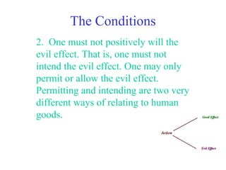 The Conditions
2. One must not positively will the
evil effect. That is, one must not
intend the evil effect. One may only
permit or allow the evil effect.
Permitting and intending are two very
different ways of relating to human
goods.
 