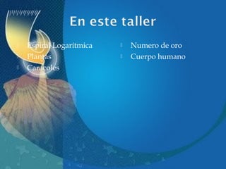 



Espiral Logarítmica
Plantas
Caracoles




Numero de oro
Cuerpo humano

 