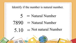 Identify if the number is natural number.
5 = Natural Number
7890 = Natural Number
5.10 = Not natural Number
 