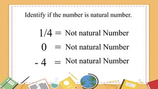 Identify if the number is natural number.
1/4 = Not natural Number
0 = Not natural Number
- 4 = Not natural Number
 
