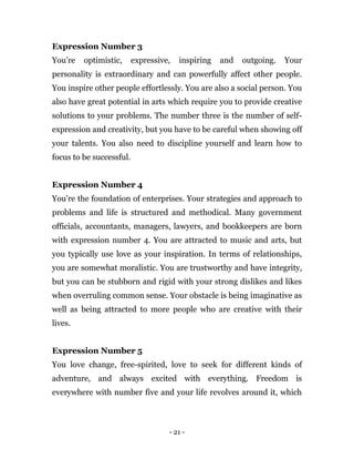- 21 -
Expression Number 3
You’re optimistic, expressive, inspiring and outgoing. Your
personality is extraordinary and can powerfully affect other people.
You inspire other people effortlessly. You are also a social person. You
also have great potential in arts which require you to provide creative
solutions to your problems. The number three is the number of self-
expression and creativity, but you have to be careful when showing off
your talents. You also need to discipline yourself and learn how to
focus to be successful.
Expression Number 4
You’re the foundation of enterprises. Your strategies and approach to
problems and life is structured and methodical. Many government
officials, accountants, managers, lawyers, and bookkeepers are born
with expression number 4. You are attracted to music and arts, but
you typically use love as your inspiration. In terms of relationships,
you are somewhat moralistic. You are trustworthy and have integrity,
but you can be stubborn and rigid with your strong dislikes and likes
when overruling common sense. Your obstacle is being imaginative as
well as being attracted to more people who are creative with their
lives.
Expression Number 5
You love change, free-spirited, love to seek for different kinds of
adventure, and always excited with everything. Freedom is
everywhere with number five and your life revolves around it, which
 