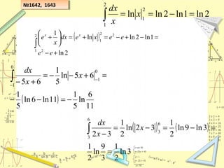 ( )
11
6
ln
5
1
11ln6ln
5
1
65ln
5
1
65
0
1
0
1
−=−−
=+−−=
+−∫−
−
x
x
dx
№1642, 1643№1642, 1643
∫ =−==
2
1
2
1
2ln1ln2lnln x
x
dx
( )
∫
+−
=−+−=+=





+2
1 2
22
1
2ln
1ln2lnln
1
ee
eexedx
x
e xx
( ) ( )
3ln
2
1
3
9
ln
2
1
3ln9ln
2
1
32ln
2
1
32
6
3
6
3
=
=−=−=
−∫ x
x
dx
 