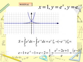 №1629 (а)№1629 (а)
xx
eyeyx −
=== ,,1
( )
e
e
e
ee
e
eee
eedxedxeS xxxx
22
1
1
0
1
0
1
0
1
0
1121
211
|)(|
−
=
+−
=+−=−+−
=−−=−=
−
−−
∫ ∫
 