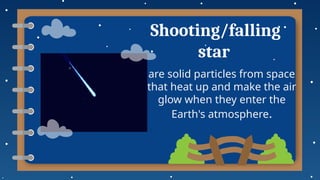 Shooting/falling
star
are solid particles from space
that heat up and make the air
glow when they enter the
Earth's atmosphere.
 