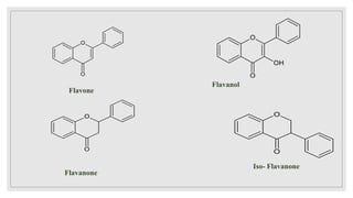 Flavanol
Flavone
O
O
O
O
OH
O
O
Flavanone
O
O
Iso- Flavanone
 