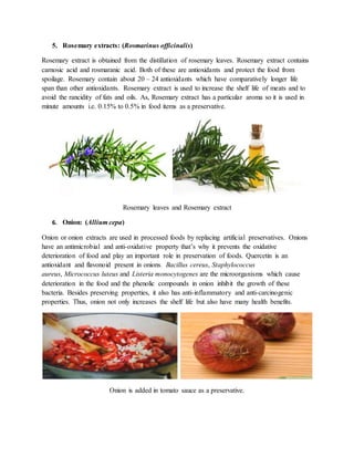 5. Rosemary extracts: (Rosmarinus officinalis)
Rosemary extract is obtained from the distillation of rosemary leaves. Rosemary extract contains
carnosic acid and rosmaranic acid. Both of these are antioxidants and protect the food from
spoilage. Rosemary contain about 20 – 24 antioxidants which have comparatively longer life
span than other antioxidants. Rosemary extract is used to increase the shelf life of meats and to
avoid the rancidity of fats and oils. As, Rosemary extract has a particular aroma so it is used in
minute amounts i.e. 0.15% to 0.5% in food items as a preservative.
Rosemary leaves and Rosemary extract
6. Onion: (Allium cepa)
Onion or onion extracts are used in processed foods by replacing artificial preservatives. Onions
have an antimicrobial and anti-oxidative property that’s why it prevents the oxidative
deterioration of food and play an important role in preservation of foods. Quercetin is an
antioxidant and flavonoid present in onions. Bacillus cereus, Staphylococcus
aureus, Micrococcus luteus and Listeria monocytogenes are the microorganisms which cause
deterioration in the food and the phenolic compounds in onion inhibit the growth of these
bacteria. Besides preserving properties, it also has anti-inflammatory and anti-carcinogenic
properties. Thus, onion not only increases the shelf life but also have many health benefits.
Onion is added in tomato sauce as a preservative.
 