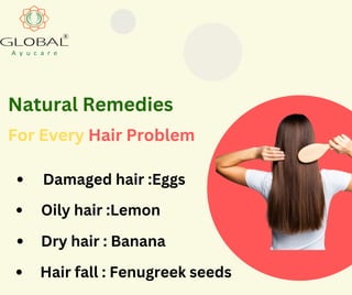 Natural Remedies
For Every Hair Problem
Damaged hair :Eggs
Oily hair :Lemon
Dry hair : Banana
Hair fall : Fenugreek seeds
 