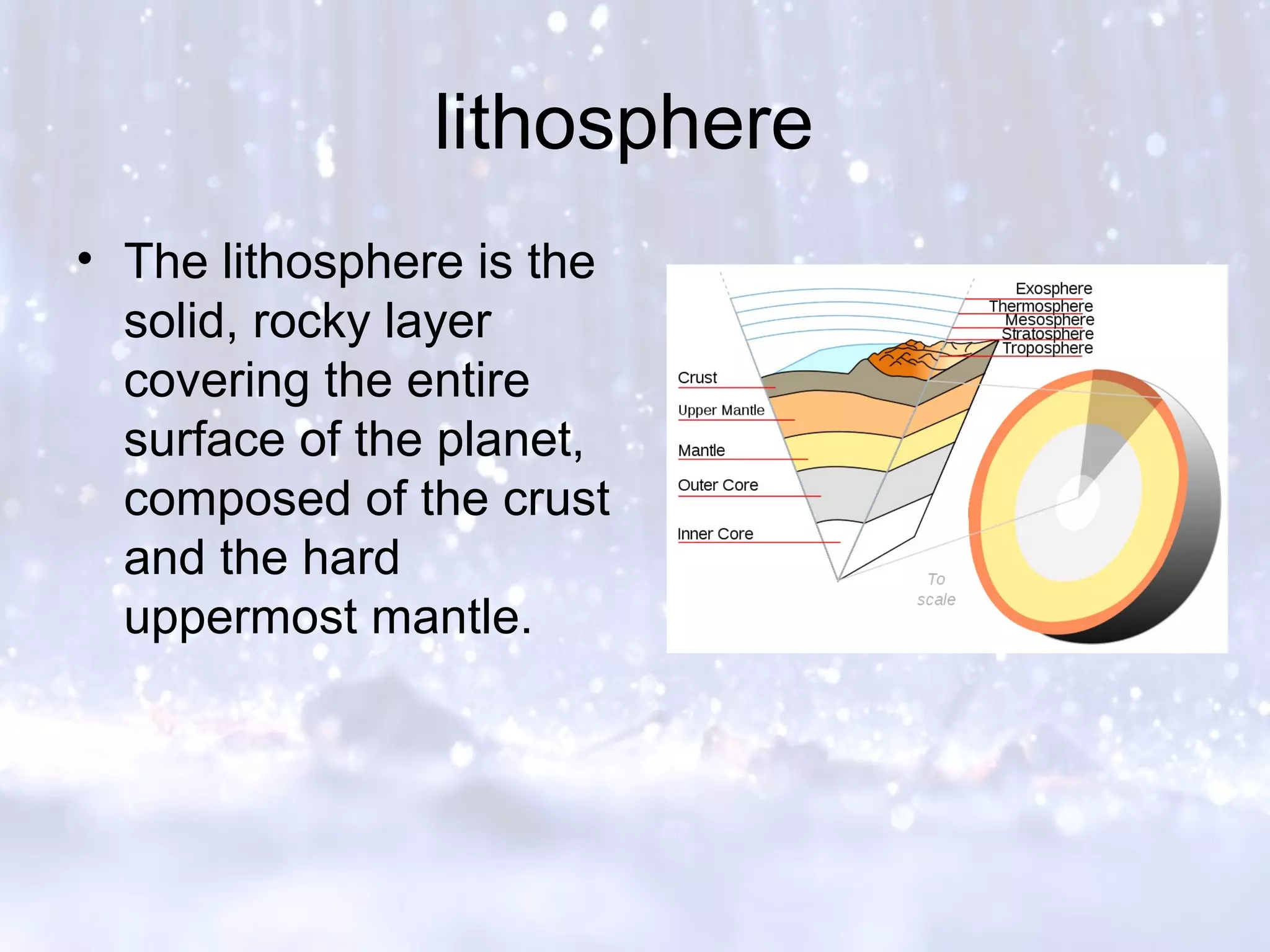 lithosphere
• The lithosphere is the
solid, rocky layer
covering the entire
surface of the planet,
composed of the crust
and the hard
uppermost mantle.
 