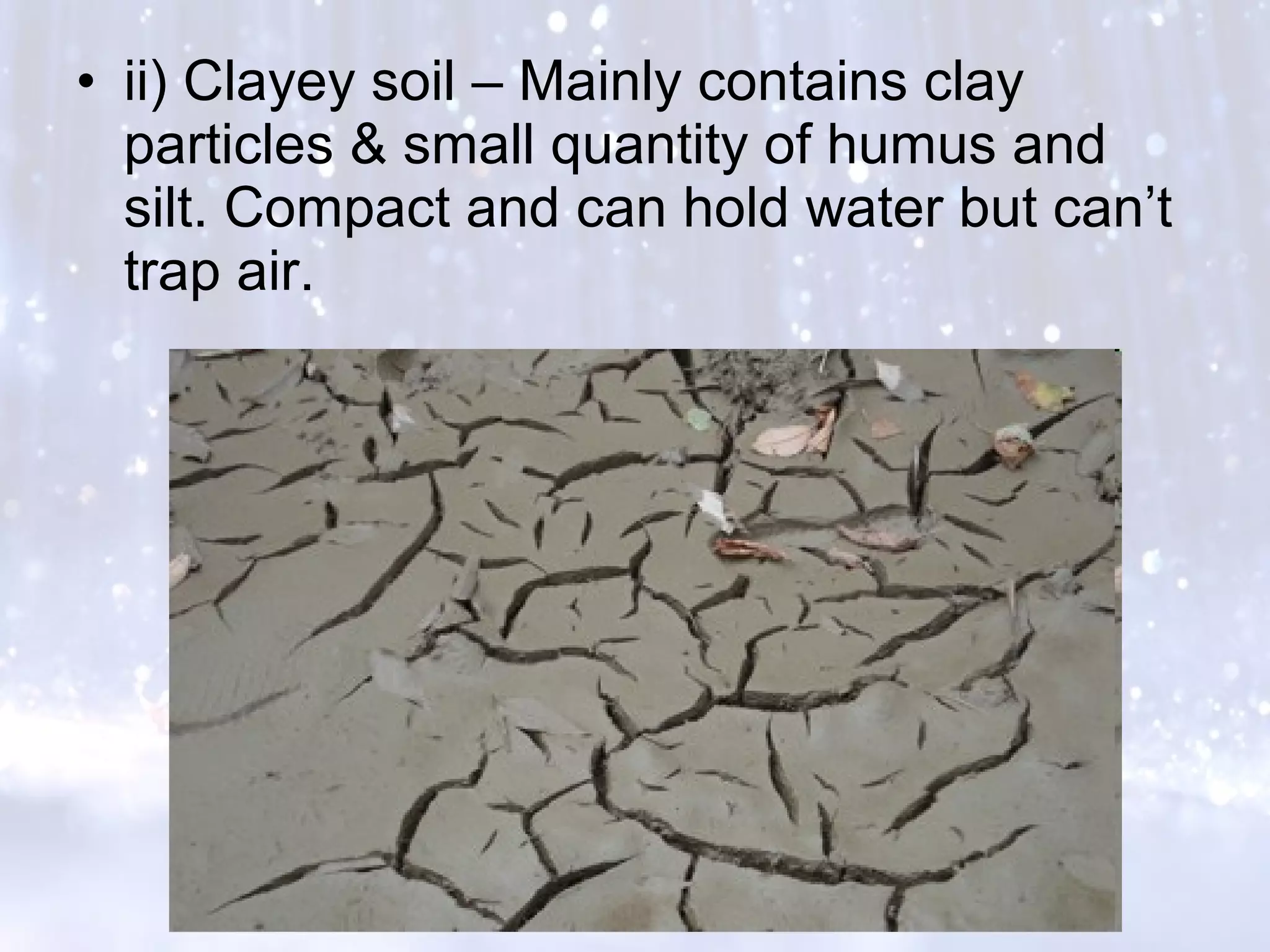 • ii) Clayey soil – Mainly contains clay
particles & small quantity of humus and
silt. Compact and can hold water but can’t
trap air.
 