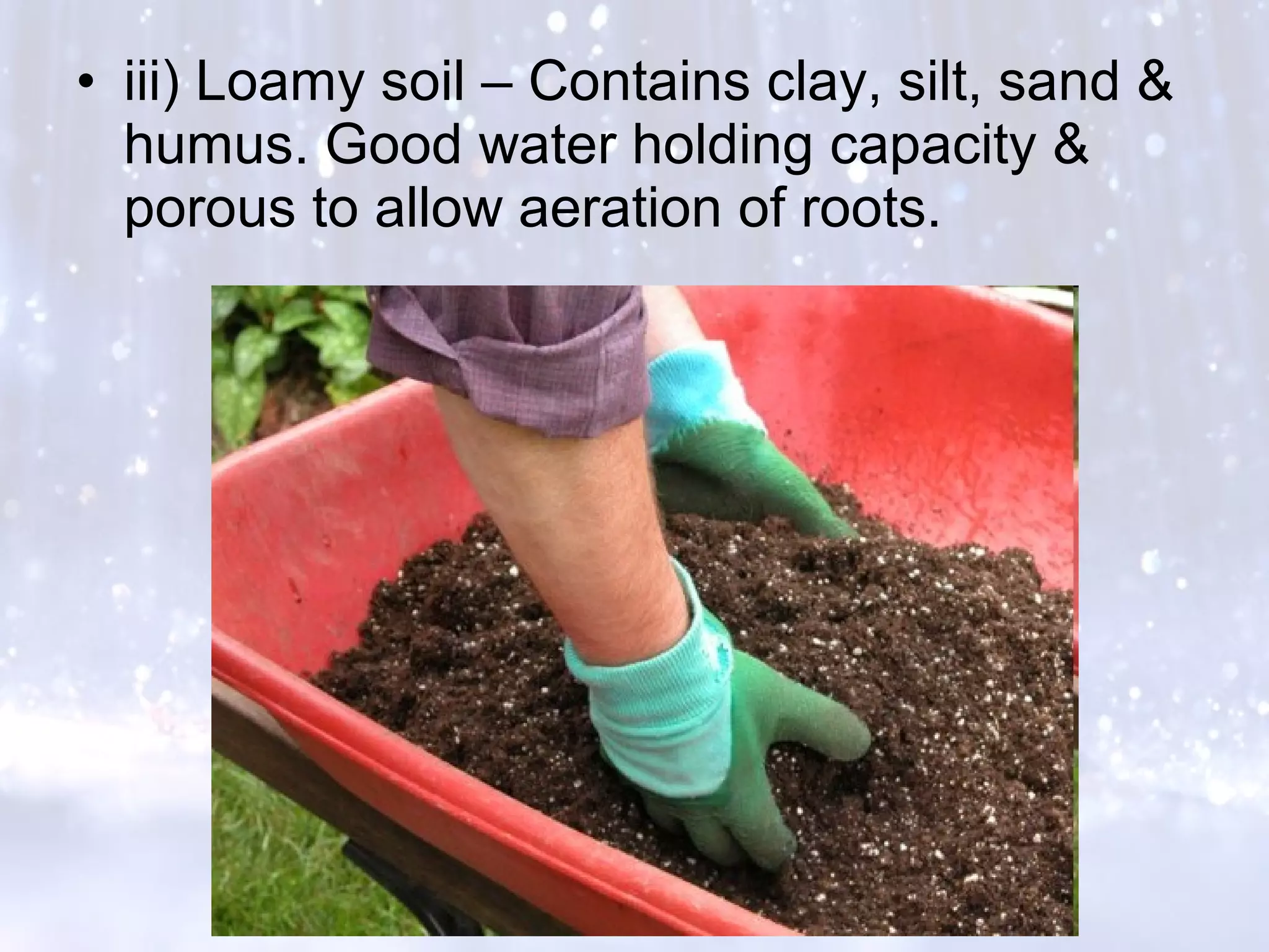 • iii) Loamy soil – Contains clay, silt, sand &
humus. Good water holding capacity &
porous to allow aeration of roots.
 