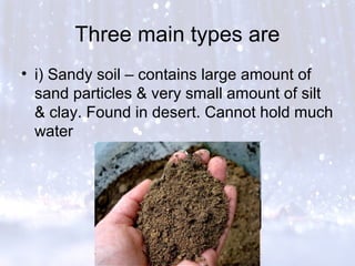 Three main types are
• i) Sandy soil – contains large amount of
sand particles & very small amount of silt
& clay. Found in desert. Cannot hold much
water
 