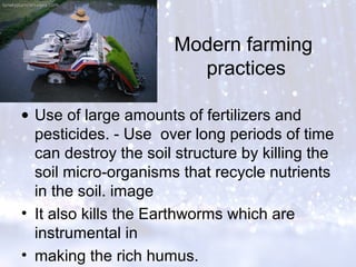 Modern farming
practices
• Use of large amounts of fertilizers and
pesticides. - Use over long periods of time
can destroy the soil structure by killing the
soil micro-organisms that recycle nutrients
in the soil. image
• It also kills the Earthworms which are
instrumental in
• making the rich humus.
 