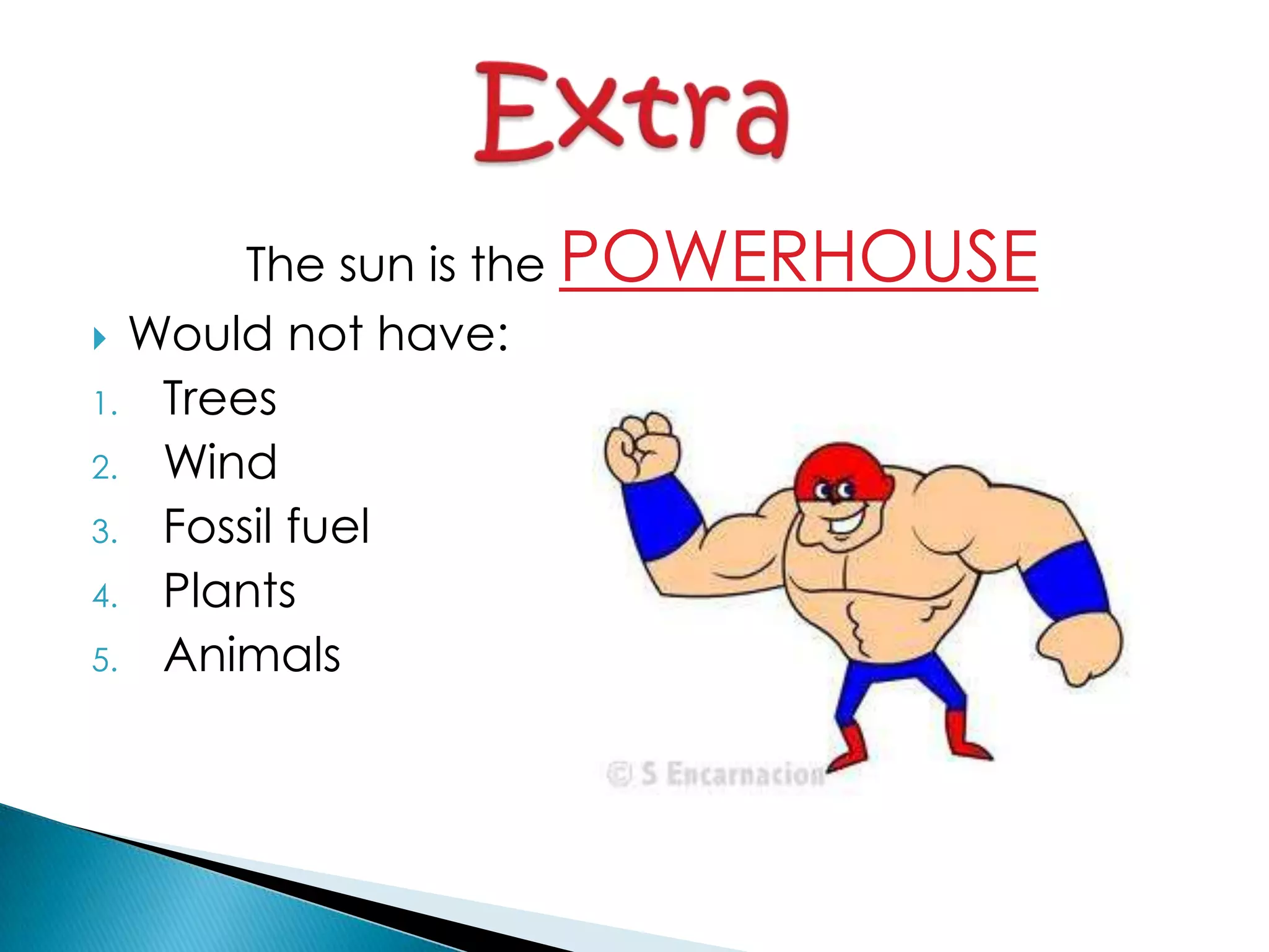 The sun is the POWERHOUSE
Would not have:
1. Trees
2. Wind
3. Fossil fuel
4. Plants
5. Animals