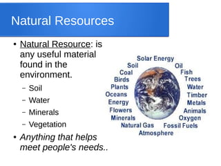 Natural Resources
● Natural Resource: is
any useful material
found in the
environment.
– Soil
– Water
– Minerals
– Vegetation
● Anything that helps
meet people's needs..
 