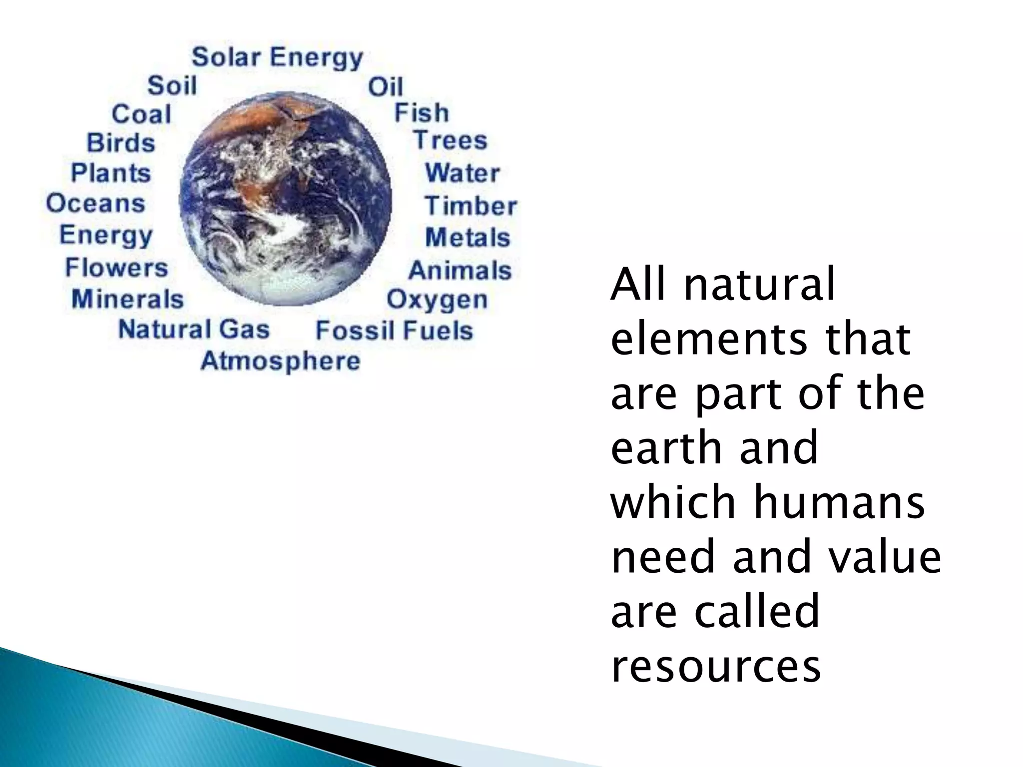 All natural
elements that
are part of the
earth and
which humans
need and value
are called
resources
 