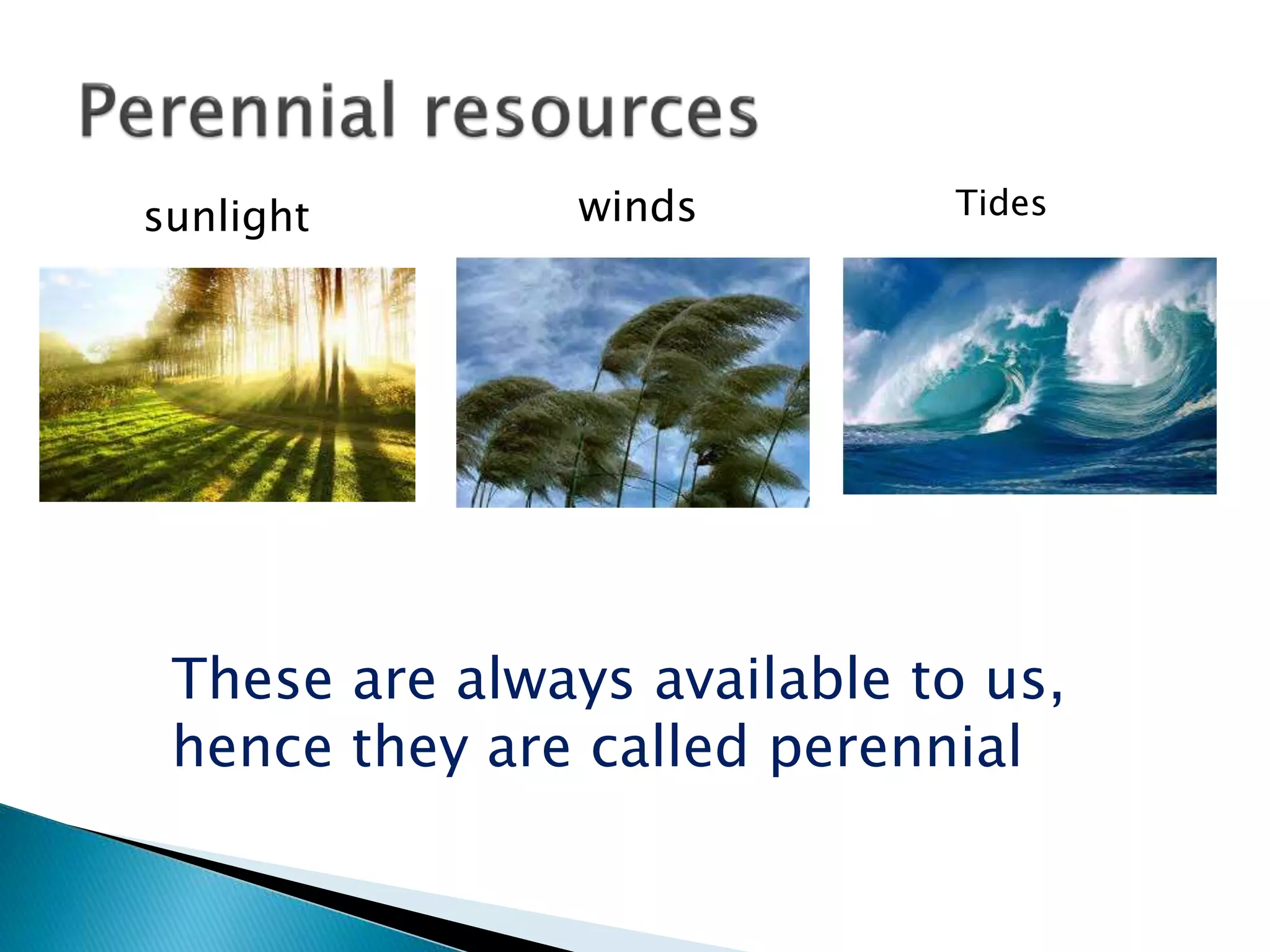 sunlight winds Tides
These are always available to us,
hence they are called perennial
 
