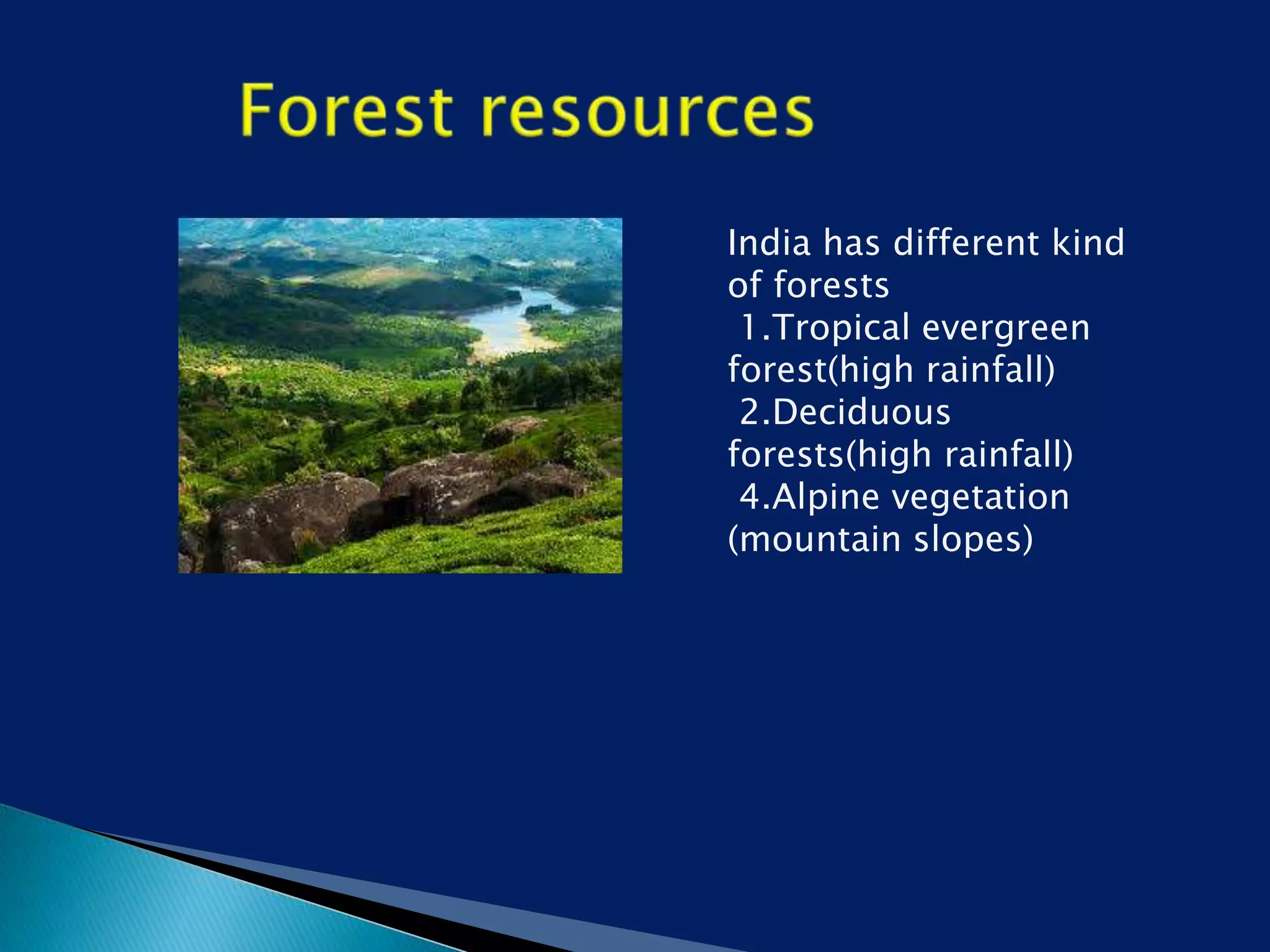 India has different kind
of forests
1.Tropical evergreen
forest(high rainfall)
2.Deciduous
forests(high rainfall)
4.Alpine vegetation
(mountain slopes)
 