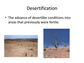 Desertification
• The advance of desertlike conditions into
areas that previously were fertile.
 
