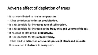 Adverse effect of depletion of trees
• It has contributed to rise in temperature.
• It has contributed to lesser precipitation.
• It is responsible for increased rate of soil erosion.
• It is responsible for increase in the frequency and volume of floods.
• It has lead to loss of soil productivity.
• It is responsible for loss of biodiversity.
• It has lead to extinction of several species of plants and animals.
• It has caused imbalance in ecosystem.
 