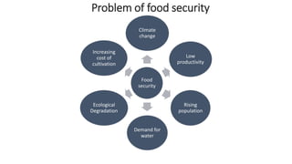 Problem of food security
Food
security
Climate
change
Low
productivity
Rising
population
Demand for
water
Ecological
Degradation
Increasing
cost of
cultivation
 
