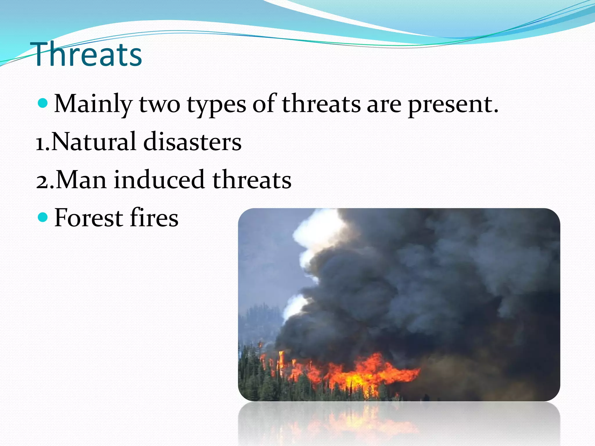 Threats
 Mainly two types of threats are present.
1.Natural disasters
2.Man induced threats
 Forest fires
 