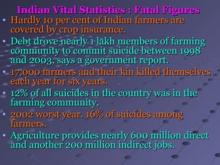 Indian Vital Statistics : Fatal FiguresIndian Vital Statistics : Fatal Figures
• Hardly 10 per cent of Indian farmers areHardly 10 per cent of Indian farmers are
covered by crop insurance.covered by crop insurance.
• Debt drove nearly 1 lakh members of farmingDebt drove nearly 1 lakh members of farming
community to commit suicide between 1998community to commit suicide between 1998
and 2003, says a government report.and 2003, says a government report.
• 17,000 farmers and their kin killed themselves17,000 farmers and their kin killed themselves
each year for six years.each year for six years.
• 12% of all suicides in the country was in the12% of all suicides in the country was in the
farming community.farming community.
• 2002 worst year. 16% of suicides among2002 worst year. 16% of suicides among
farmers.farmers.
• Agriculture provides nearly 600 million directAgriculture provides nearly 600 million direct
and another 200 million indirect jobs.and another 200 million indirect jobs.
 