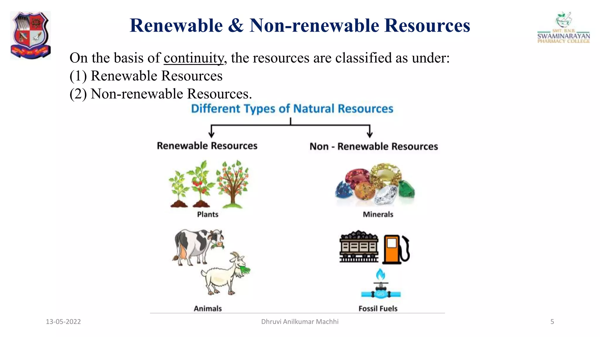 13-05-2022 5
Dhruvi Anilkumar Machhi
Renewable & Non-renewable Resources
On the basis of continuity, the resources are classified as under:
(1) Renewable Resources
(2) Non-renewable Resources.
 