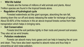 • Wild life habitat
Forests are the homes of millions of wild animals and plants. About
7million species are found in the tropical forests alone.
• Regulation of hydrological cycle
Forested watersheds act like giant sponges, absorbing the rain fall,
slowing down the run off and slowly releasing the water for recharge of springs.
About 50-80% of the moisture in the air above tropical forests comes from their
transpiration which helps in bringing rains.
• Soil Conservation
Forests bind the soil particles tightly in their roots and prevent soil erosion.
They also act as wind breaks.
• Pollution moderators
Forests can absorb many toxic gases and can help in keeping the air pure
and clean. They have also been reported to absorb noise and thus help in
preventing air and noise pollution.
 