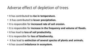 Adverse effect of depletion of trees
• It has contributed to rise in temperature.
• It has contributed to lesser precipitation.
• It is responsible for increased rate of soil erosion.
• It is responsible for increase in the frequency and volume of floods.
• It has lead to loss of soil productivity.
• It is responsible for loss of biodiversity.
• It has lead to extinction of several species of plants and animals.
• It has caused imbalance in ecosystem.
 