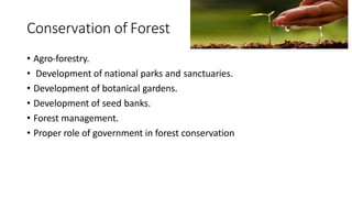 Conservation of Forest
• Agro-forestry.
• Development of national parks and sanctuaries.
• Development of botanical gardens.
• Development of seed banks.
• Forest management.
• Proper role of government in forest conservation
 