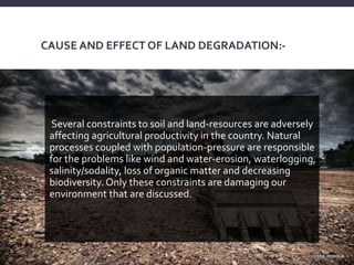 CAUSE AND EFFECT OF LAND DEGRADATION:-
Several constraints to soil and land-resources are adversely
affecting agricultural productivity in the country. Natural
processes coupled with population-pressure are responsible
for the problems like wind and water-erosion, waterlogging,
salinity/sodality, loss of organic matter and decreasing
biodiversity. Only these constraints are damaging our
environment that are discussed.
 