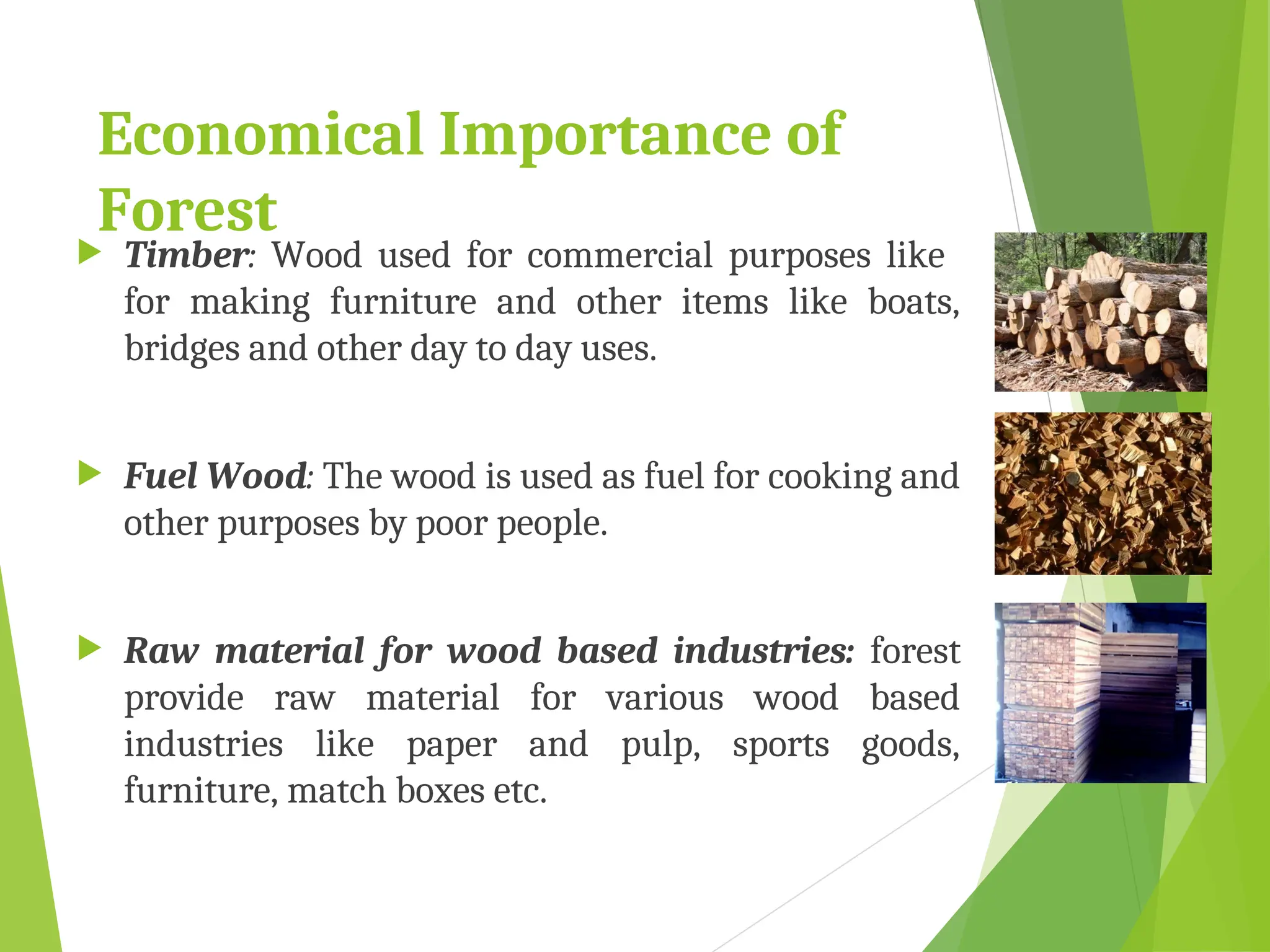 Economical Importance of
Forest
 Timber: Wood used for commercial purposes like
for making furniture and other items like boats,
bridges and other day to day uses.
 Fuel Wood: The wood is used as fuel for cooking and
other purposes by poor people.
 Raw material for wood based industries: forest
provide raw material for various wood based
industries like paper and pulp, sports goods,
furniture, match boxes etc.
 
