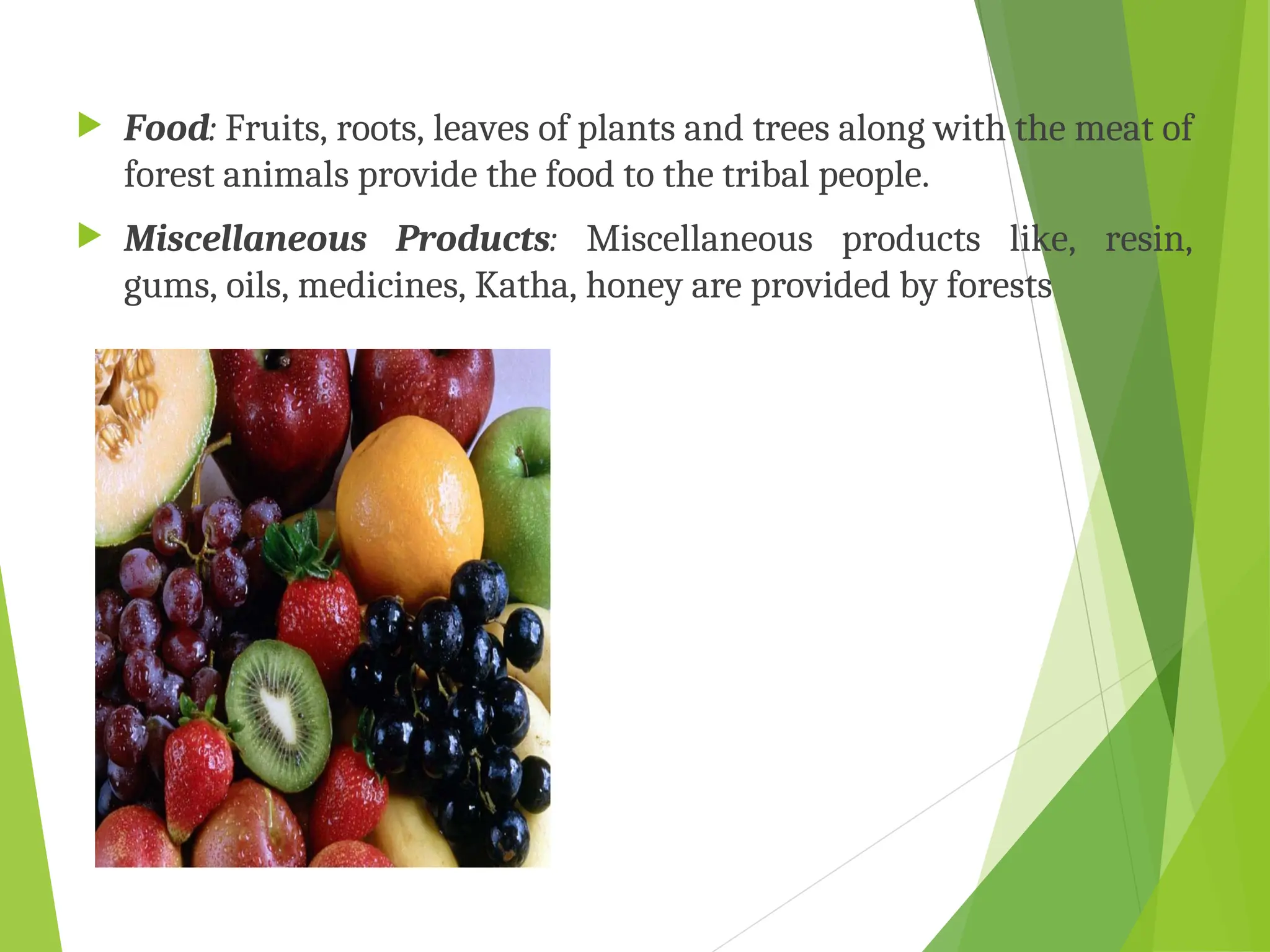  Food: Fruits, roots, leaves of plants and trees along with the meat of
forest animals provide the food to the tribal people.
 Miscellaneous Products: Miscellaneous products like, resin,
gums, oils, medicines, Katha, honey are provided by forests
 